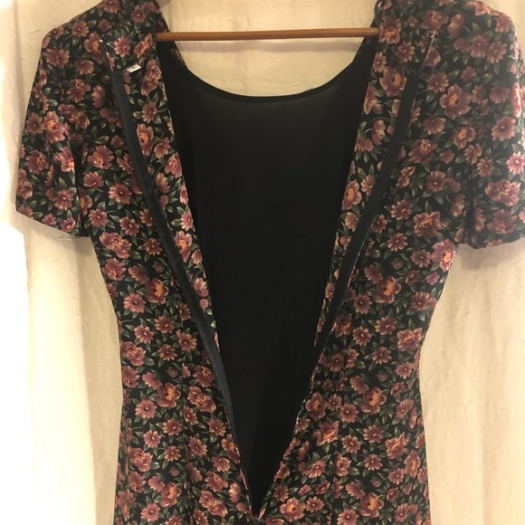 Vintage Black & Orange Floral Midi Dress with Front Slit (Size SP) - Picture 14 of 14